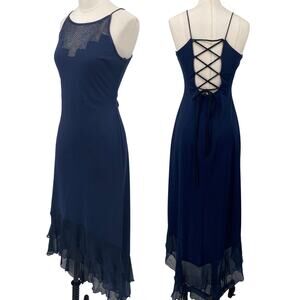 Vintage 90s Dress Beaded Neckline Corset Lace Up Back High Low Hem Navy Blue XS